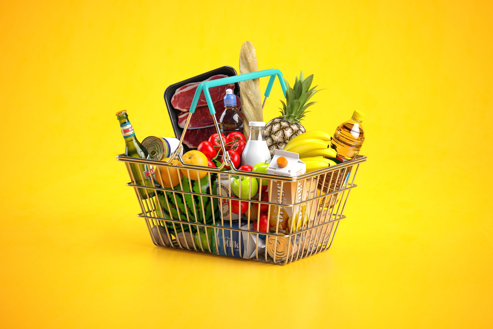 Cesta de la compra llena de variedad de productos de comestibles, alimentos y bebidas sobre fondo amarillo.