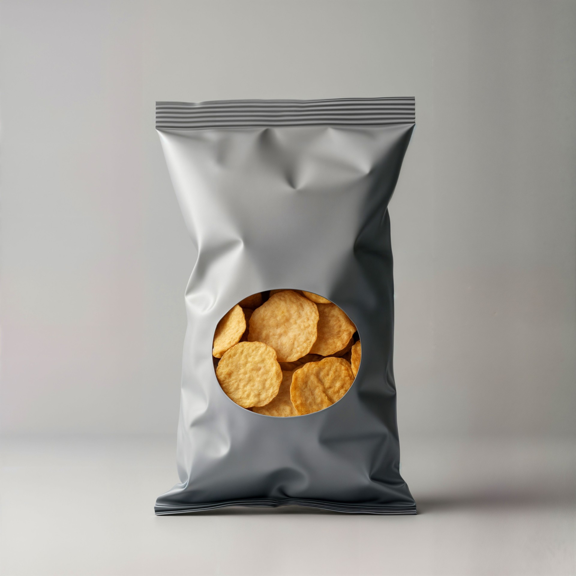 Paquete de chips grises que se muestra en el medio en la vista frontal de fondo blanco